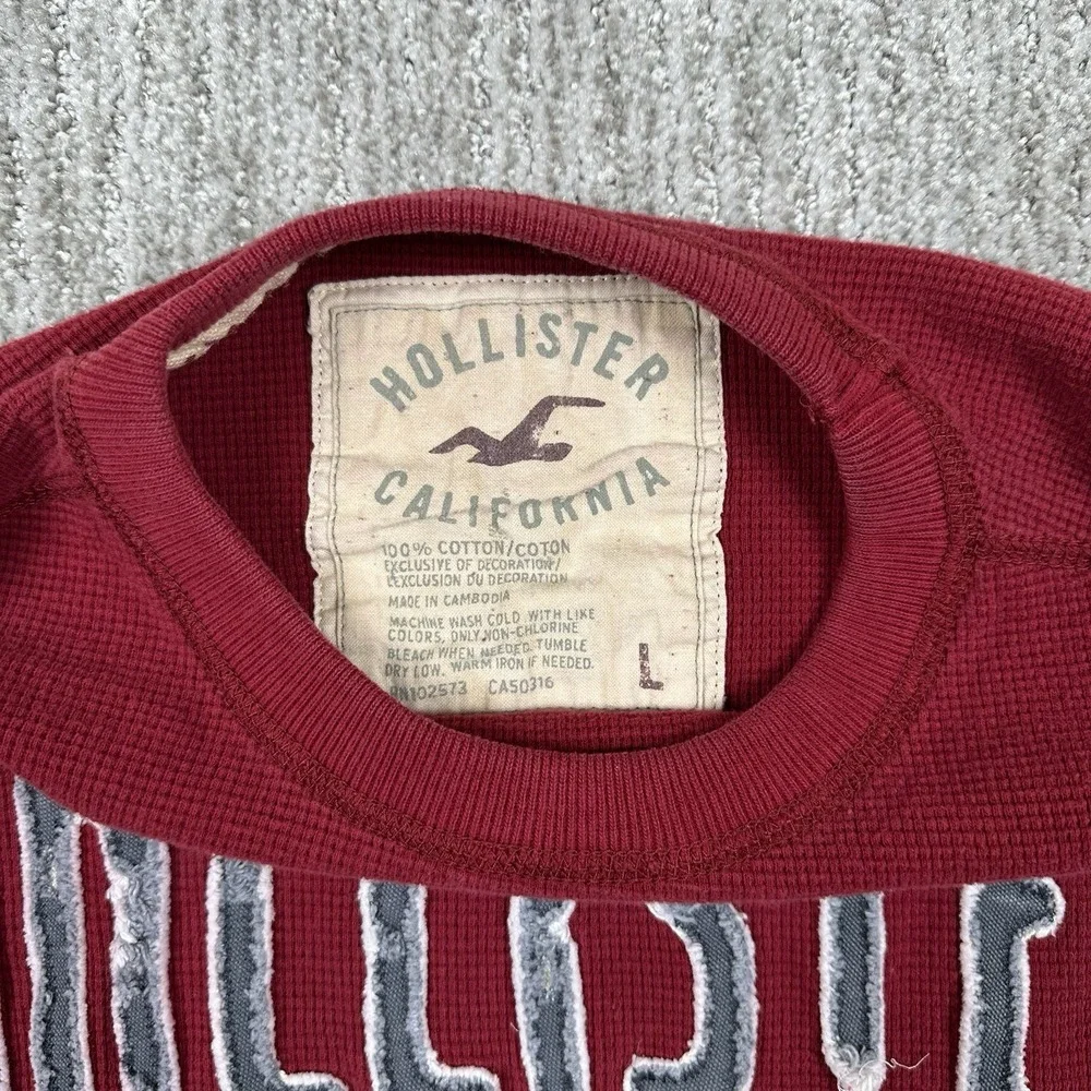 Hollister Mens Long Sleeve Thermal‎ Waffle Knit Shirt Red Logo Malibu Size Large